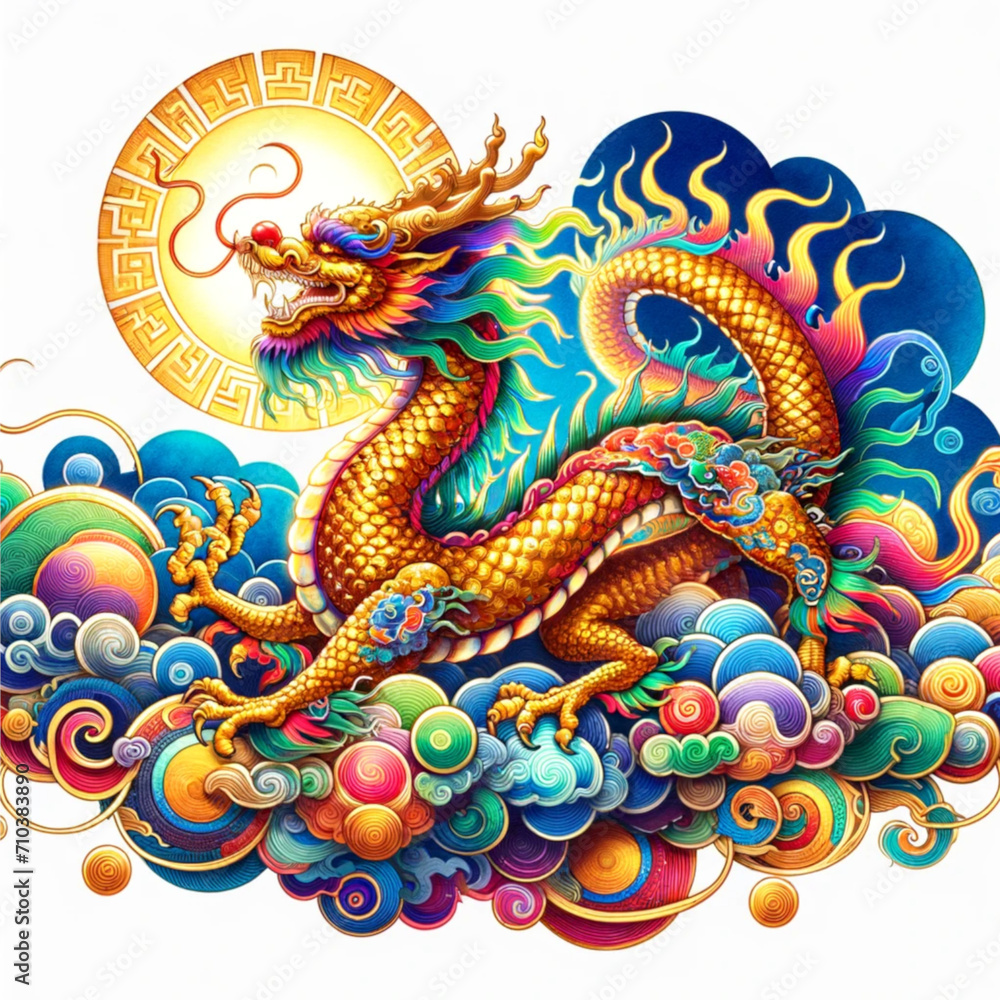 watercolor COLOR FUL illustrations of a mythical gold dragon on a cloud and sun, designed in a traditional chinese style center isolated clean white background.