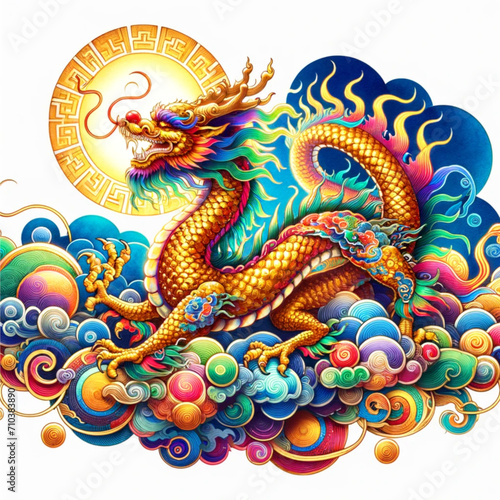 watercolor COLOR FUL illustrations of a mythical gold dragon on a cloud and sun  designed in a traditional chinese style center isolated clean white background.