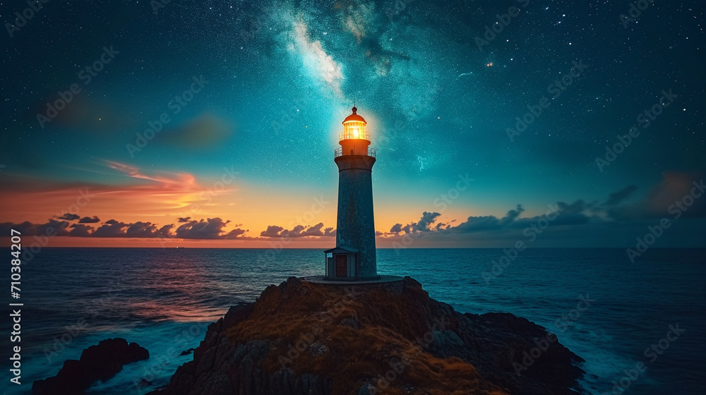 A lighthouse on the island with a beautiful night view