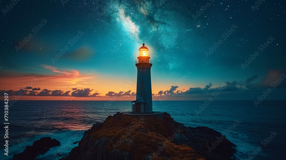 A lighthouse on the island with a beautiful night view A lighthouse on the island with a beautiful night view