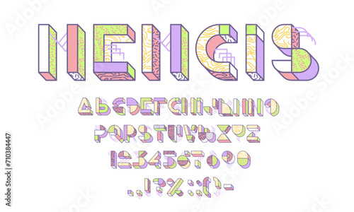 3d block font, Memphis type, geometric 90s typeface, traditional english alphabet script. Vintage design font typeset numeral and punctuation special symbols, vector English ABC with Memphis pattern