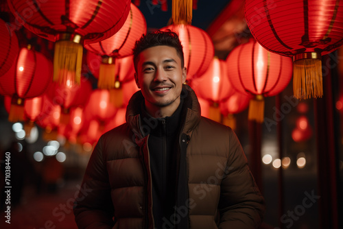 handsome chinese man celebrate at chinese lantern festival bokeh style background