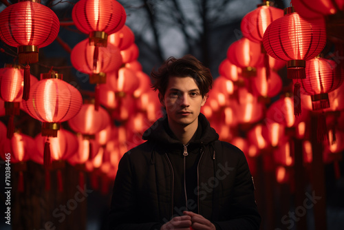 handsome chinese man celebrate at chinese lantern festival