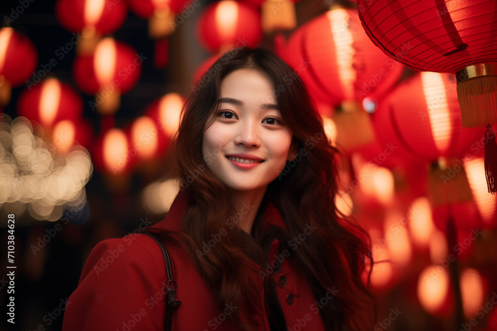 beautiful chinese woman celebrate at chinese lantern festival bokeh style background