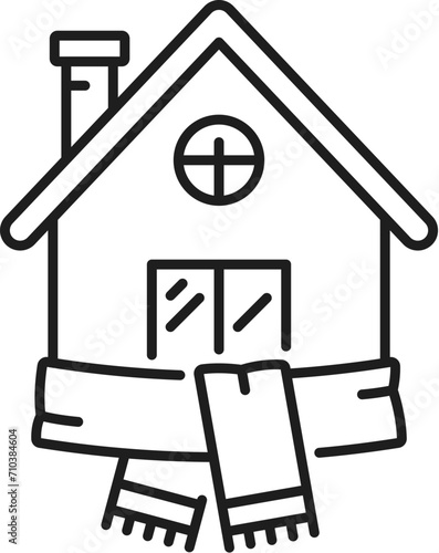 Home wall thermal insulation icon. House construction thermal isolation technology line symbol, building wall insulation layer material solution outline vector sign with home building in warm scarf