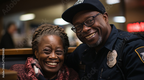African policeman and citizen adult woman smiling, portrait photo