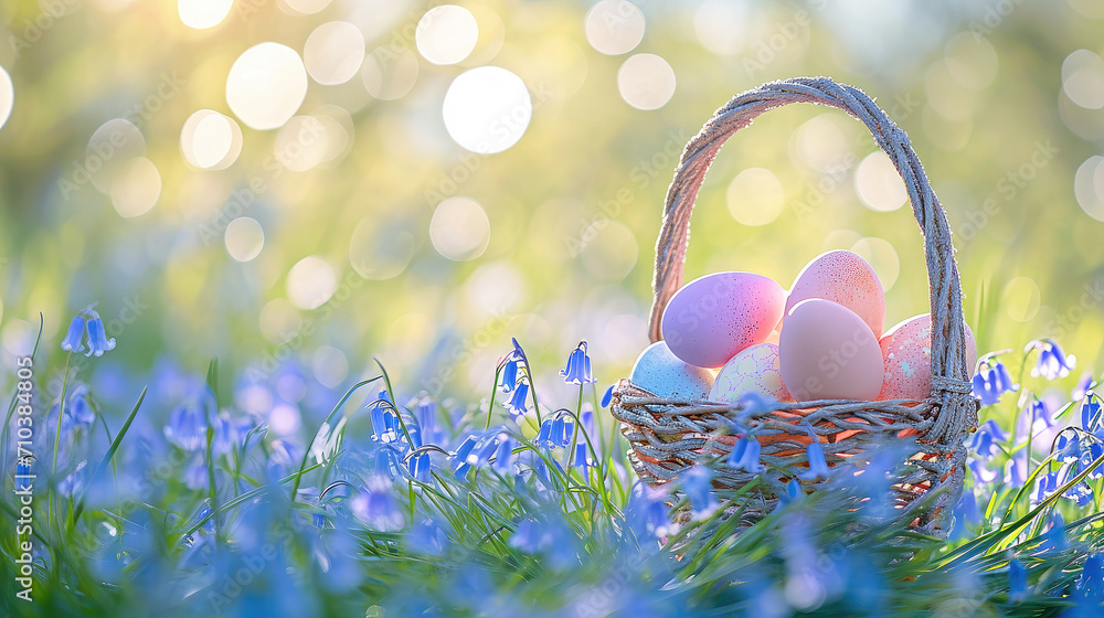 Colorful Easter eggs in a pastel basket on a bokeh background of bluebell flowers under sunlight Colorful Easter eggs in a pastel basket on a bokeh background of bluebell flowers under sunlight