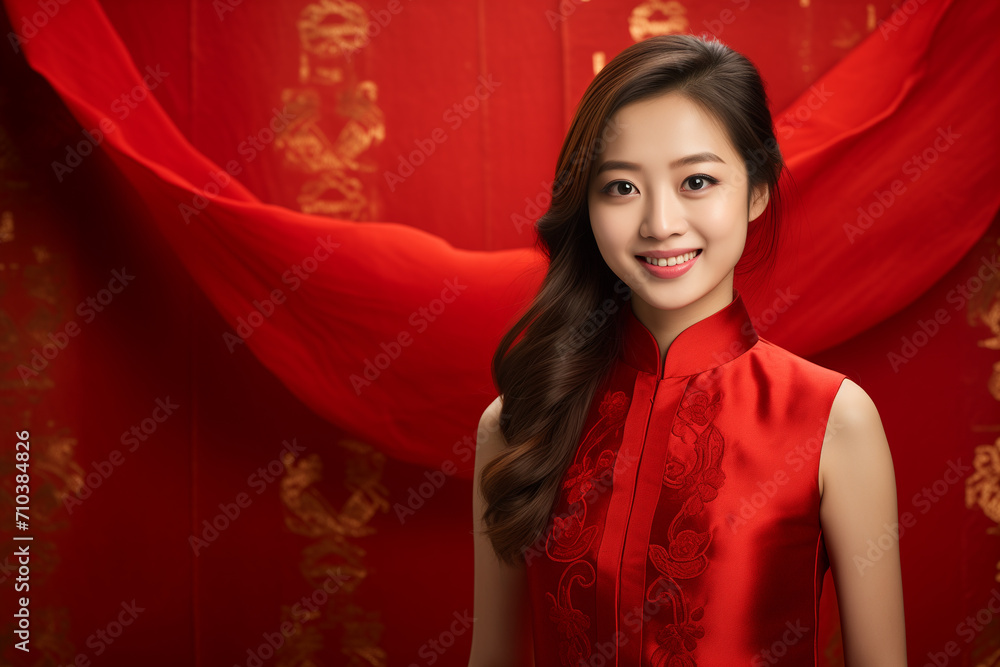 chinese woman model wearing red qipao