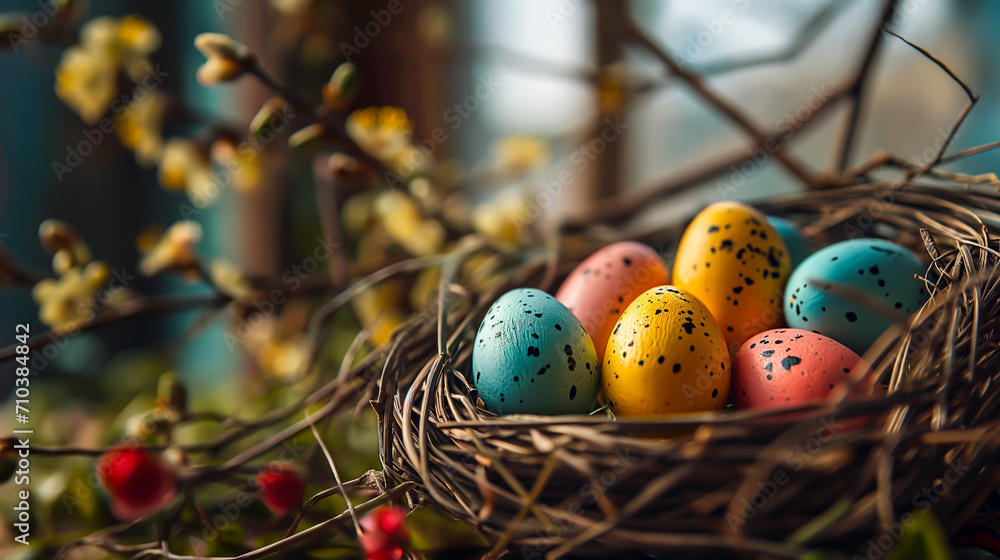 Easter eggs in nest with spring flowers on rustic wooden background, festive concept. Shallow field of view.	