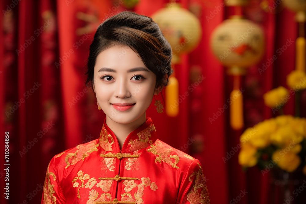 chinese woman model wearing red qipao