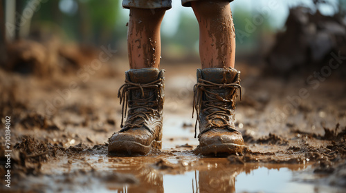 Poor child's muddy feet in the mud close-up, poverty concept photo