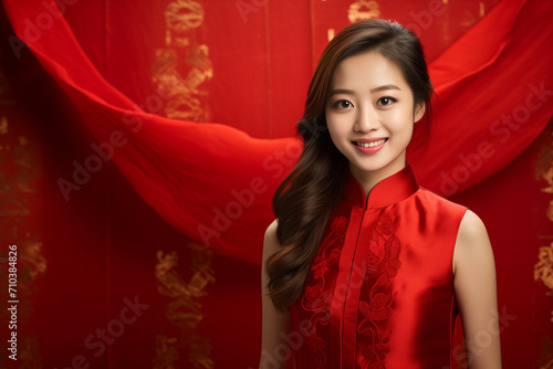 chinese woman model wearing red qipao