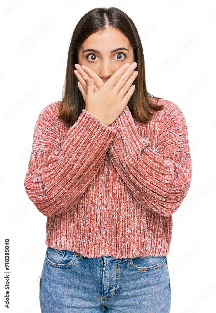 Young beautiful woman wearing casual clothes shocked covering mouth with hands for mistake. secret concept. Young beautiful woman wearing casual clothes shocked covering mouth with hands for mistake. secret concept.