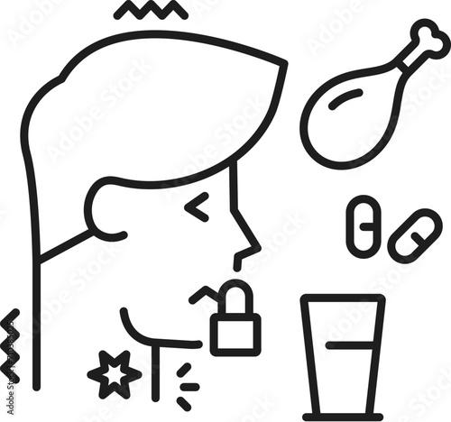 Human phagophobia phobia icon, mental health. Fear of swallowing food, mental disorder or people psychology problem line vector sign. Phobia or fear outline icon or pictogram with man afraid eating