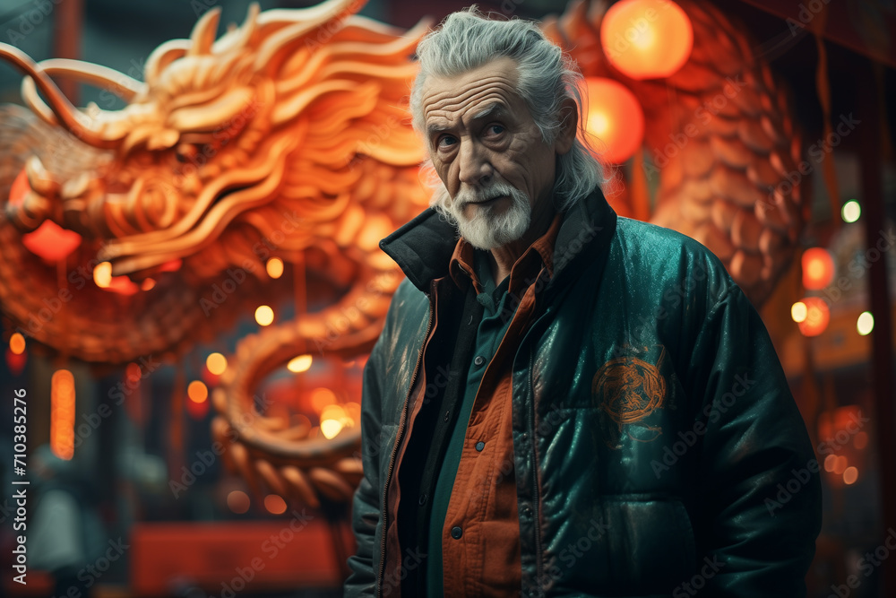 chinese old man standing beside the dragon statue bokeh style background