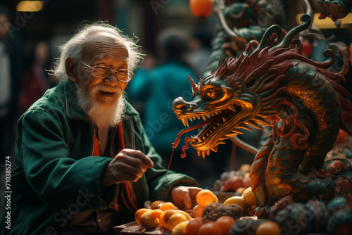 chinese old man standing beside the dragon statue bokeh style background © toonsteb