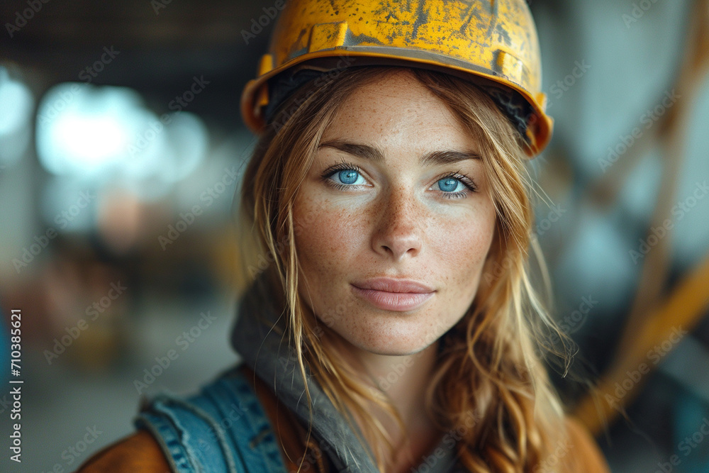 Portrait of beautiful young woman developer of builder in helmet on building Portrait of beautiful young woman developer of builder in helmet on building