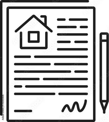 Real estate icon. Sale or rent contract line sign. House or apartment loan service thin line vector pictogram, real estate sale or rent company outline icon with agreement document and pencil