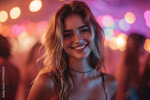 Attractive woman smilling at music festival party, Generative AI