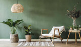 modern green home interior background, wall mock up, 3d render