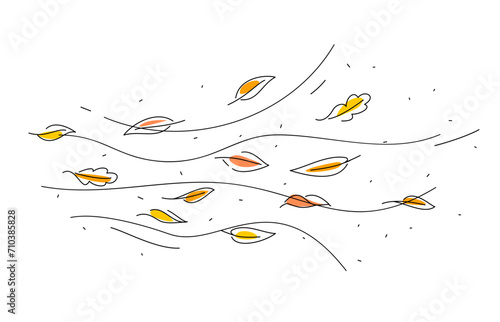 Wind air and doodle autumn leaves motion. Autumn windy weather outline print, fall season line backdrop or wind blowing linear vector background. Air flow wave doodle pattern with flying tree leaves