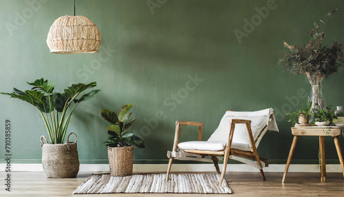 modern green home interior background, wall mock up, 3d render