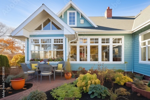 cape cod home with bay window and garden photo