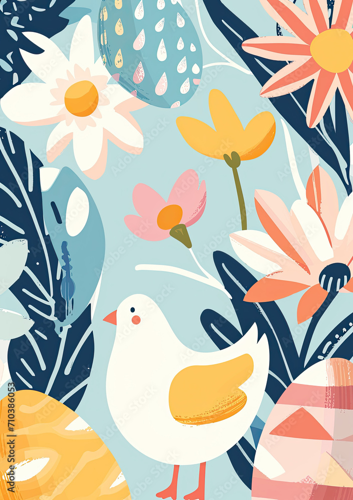 Easter seasonal linocut holiday postcard, craft cheerful pastel retro design