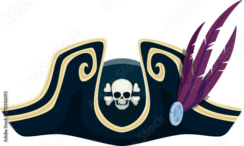 Cartoon pirate captain tricorn cocked hat. Vector seafarer headdress with purple feathers, jolly roger skull and crossbones. Isolated buccaneer headgear, sailor cap, filibuster piracy costume part