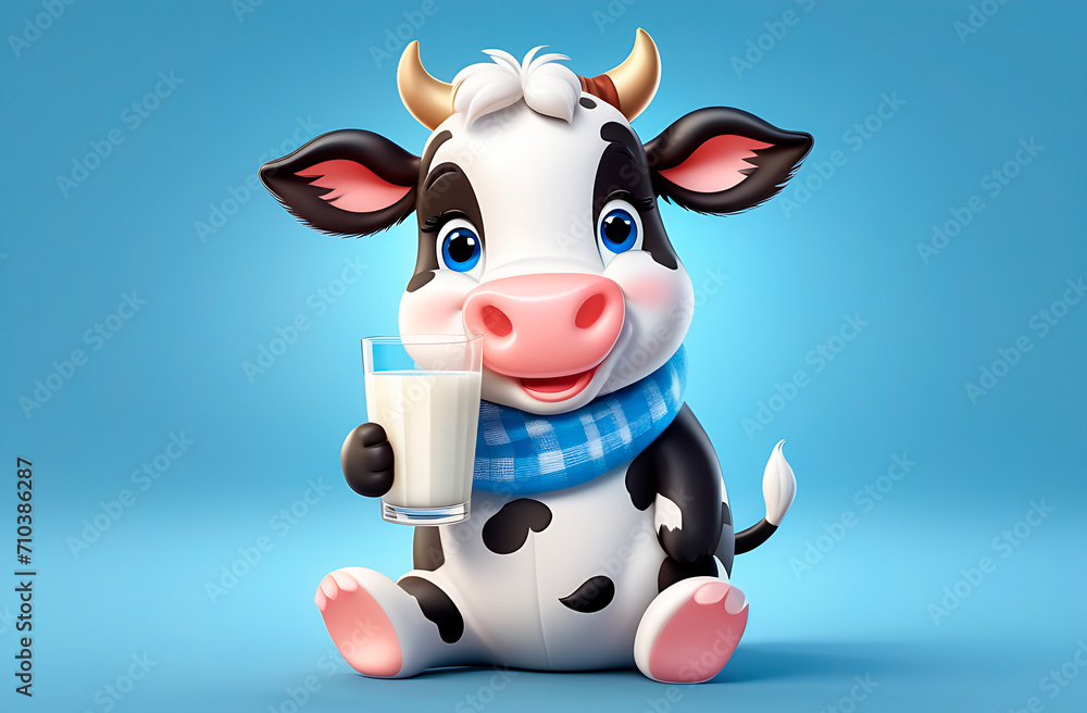 Cute cartoon baby cow in a checkered scarf holding a glass of milk on a blue background