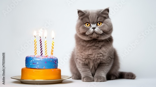 British cat celebrating his birthday with cake and candles. Happy birthday dear kitty. Family members. Ai generated