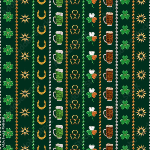St Patricks Day seamless pattern with holiday objects and symbols, bead strings. Geometric pattern with vertical stripes on dark background. Vintage illustration for prints, clothing, wrap