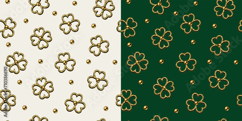 Seamless patterns with scattered beads, shamrocks leaves like golden jewel pendants. St Patricks Day design on white, dark background. Vintage illustration for prints, clothing, surface design