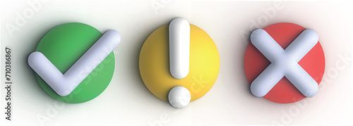 Realistic 3D Button. A set of glossy round icons with a check mark, a sign of the cross. For apps and websites.