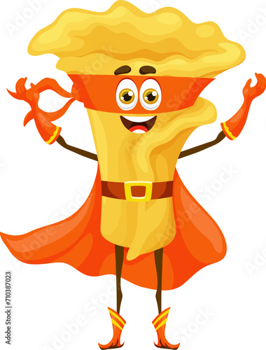 Cartoon campanelle italian pasta food superhero character. Isolated vector traditional Italy cuisine noodle defender personage fighting crime with his carb-loaded powers. Vigilante in cape and mask