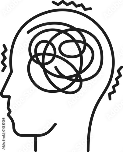 Neurosis psychological disorder problem, mental health. Human psychology, psychotherapy or cognitive disorder or mental health problem line vector symbol or pictogram with human head silhouette