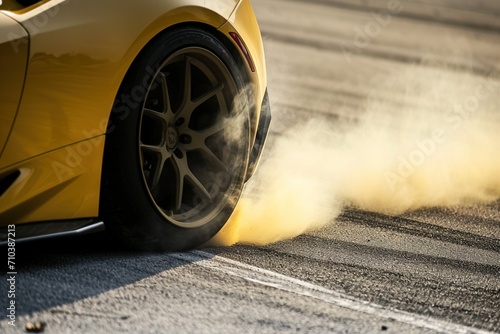 Close up wheel. professional driver drifting yellow racing car on road at race track, Race car drift on race track have smoke, View from above aerial. photo