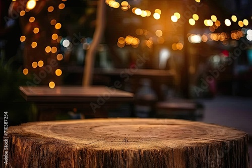Urban elegance. Nighttime celebration with festive vibe featuring blurred bokeh background wooden table setting and vintage decor for perfect blend of style and ambiance