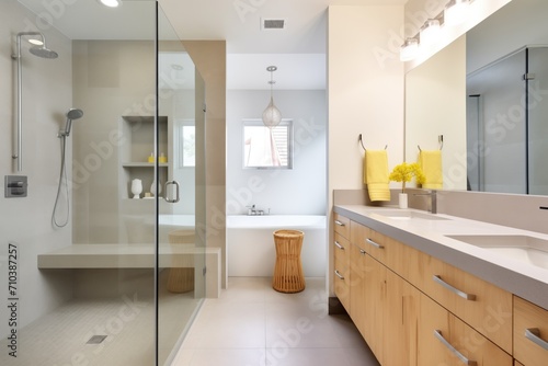 luxury bathroom with glass shower and concrete vanity