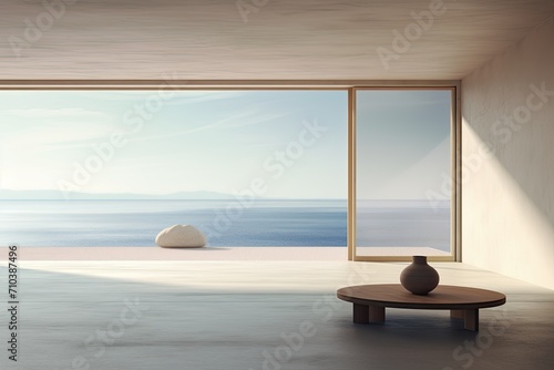 Empty modern room with sea view and bench photo