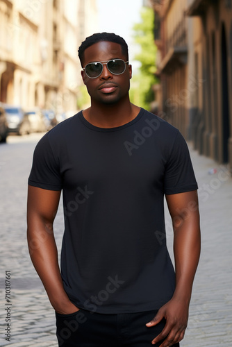 Man wearing blank black t-shirt and sunglass. Model t-shirt mockup. Blur background