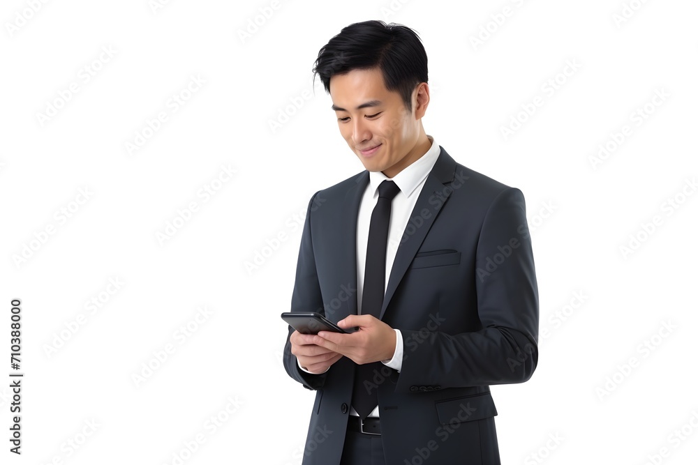 asian businessman in suit browsing on mobile phone isolated on white background, Generative AI asian businessman in suit browsing on mobile phone isolated on white background, Generative AI