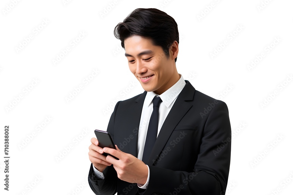 asian businessman in suit browsing on mobile phone isolated on white background, Generative AI asian businessman in suit browsing on mobile phone isolated on white background, Generative AI