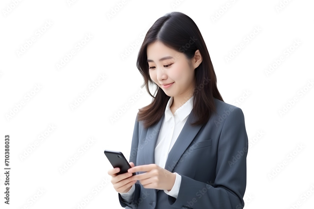 asian businesswoman browsing on mobile phone isolated on white background, Generative AI asian businesswoman browsing on mobile phone isolated on white background, Generative AI