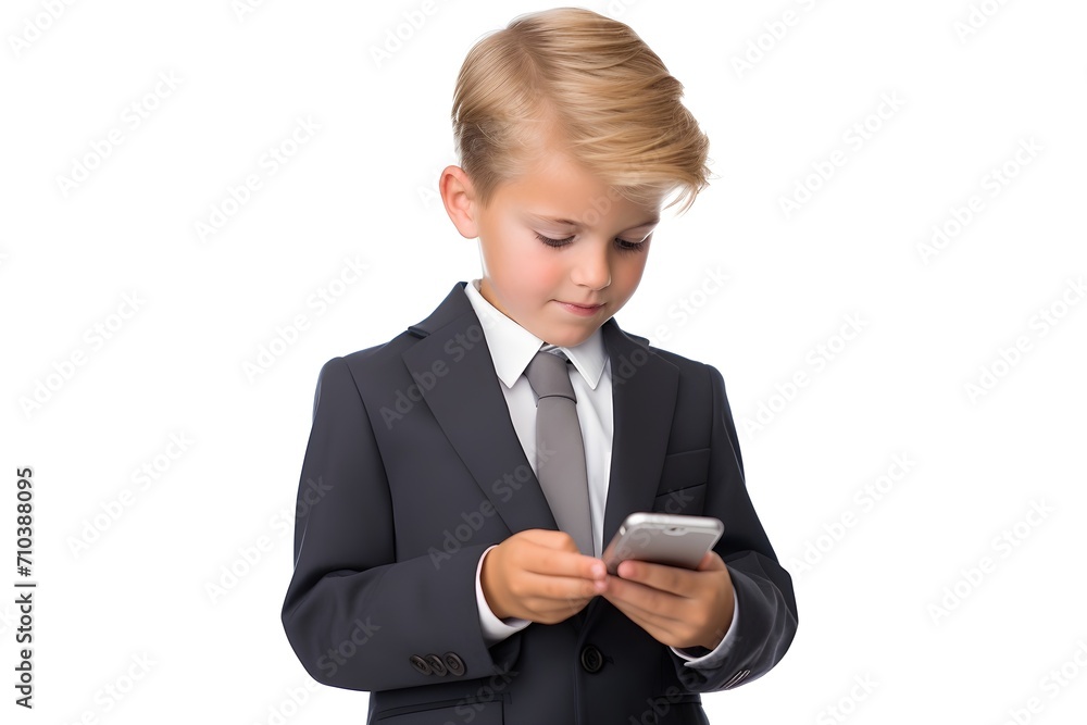 child boy in suit use mobile phone isolated on white background, Generative AI child boy in suit use mobile phone isolated on white background, Generative AI