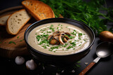 Bowl of creamy mushroom soup with bread and fresh herbs.