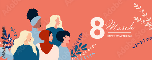 International Women's Day flyer. Banner for March 8 sale with floral decor and group of female character.  Flat vector illustration. 