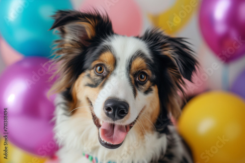 surprised dog on solid bright background with colorful balloons. Multi-colored balloons and funny dog, puppy, kitty. Holiday. Birthday. Gift