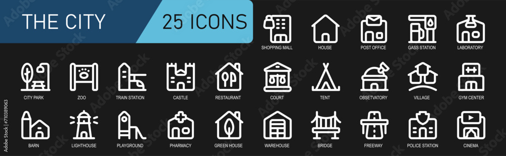 city icon collection.white style.contains restaurant,castle,train ...