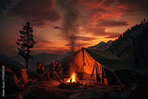 camping with tents and campfire in mountain valley  nature tourism